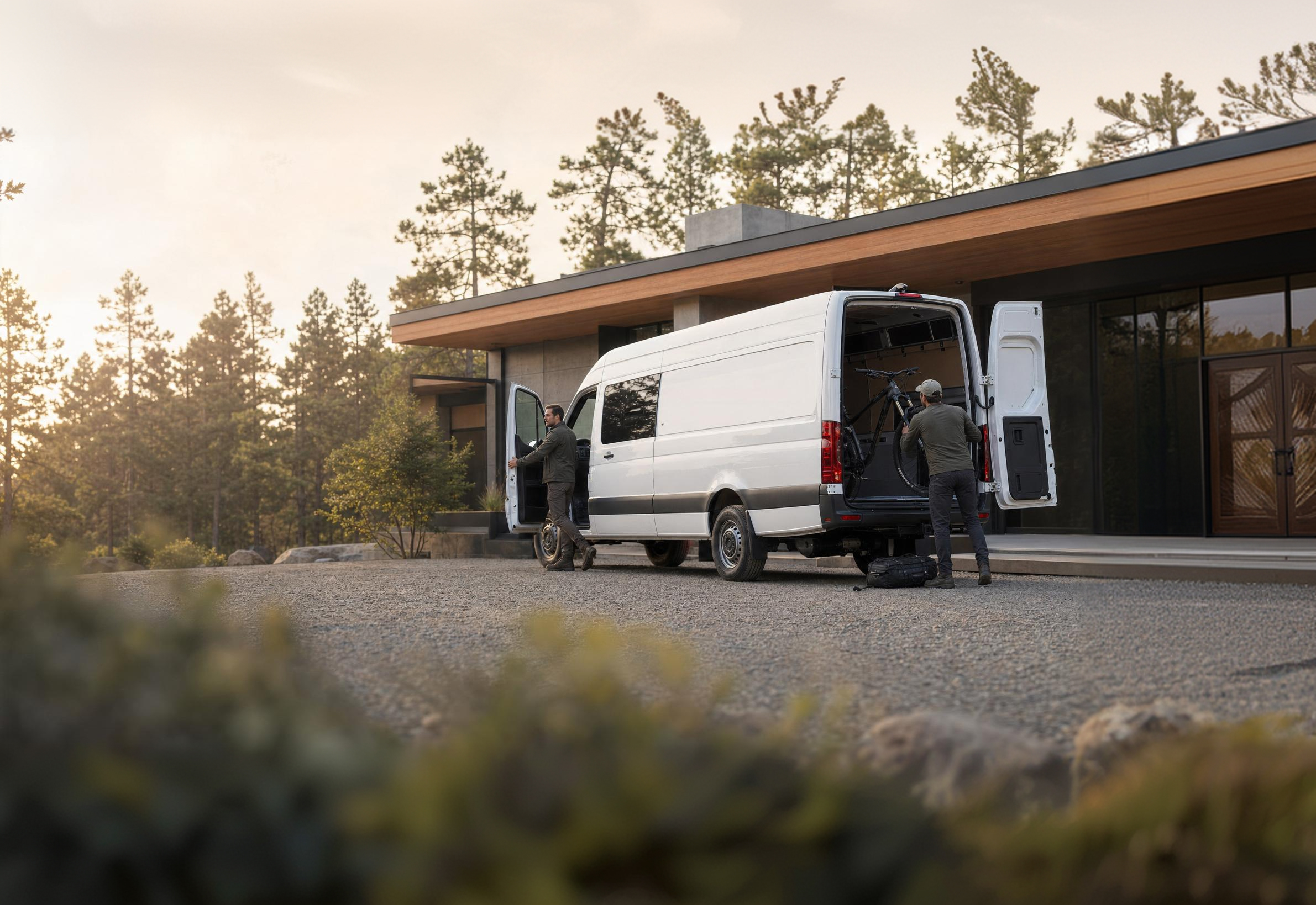 Loading gear into a Mercedes-Benz Sprinter at a modern home at golden hour