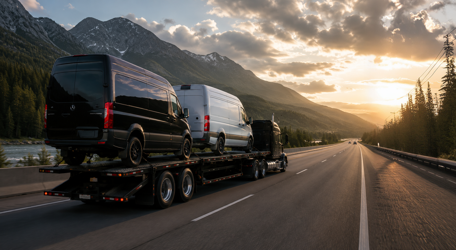 Mercedes-Benz Sprinter vans on an enclosed transport truck delivering nationwide